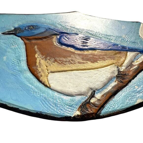 Eastern Bluebird Hand Painted Leather 3D Embossed Art Signed Folk Art Primitive - Picture 4 of 12